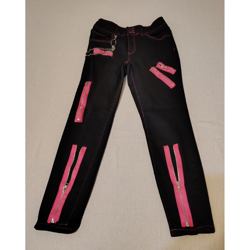 HT Denim Hi Rise Super Skinny Black Jeans‎ Rave Tripp Zipper Accents Size 11 8